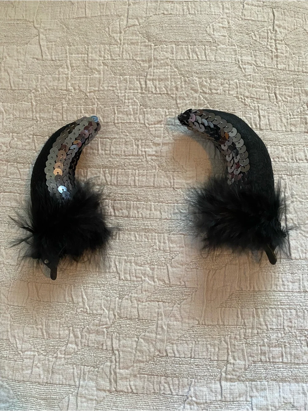 Black Sequin Horn and Feather Hair Clips